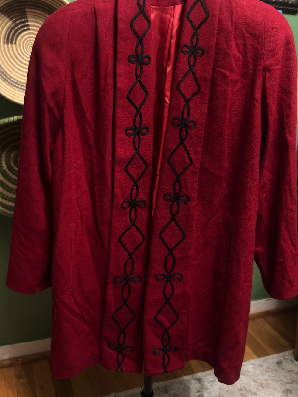 Vintage 1991 Red Wool Swing Coat M Black Soutache Trim Sample